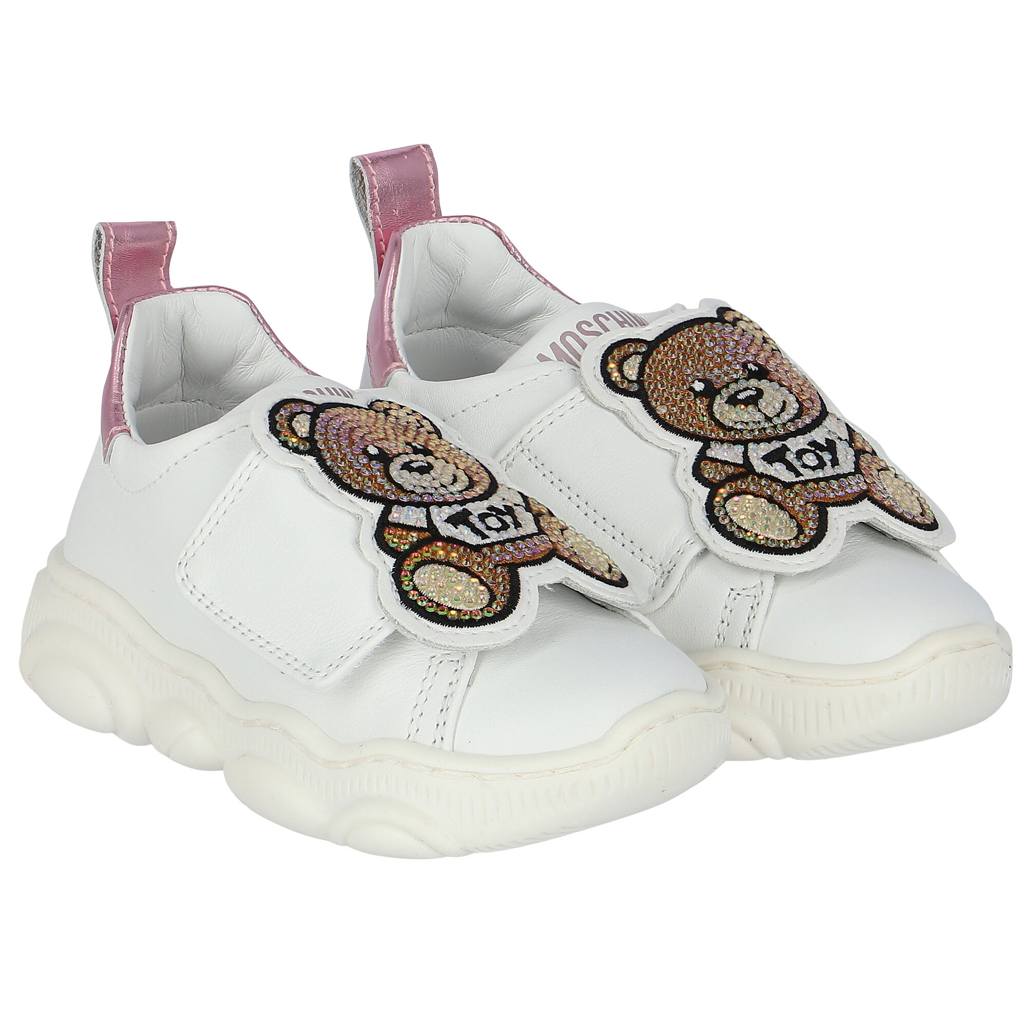 Moschino Girls White Embellished Teddy Logo Trainers Junior Couture UK
