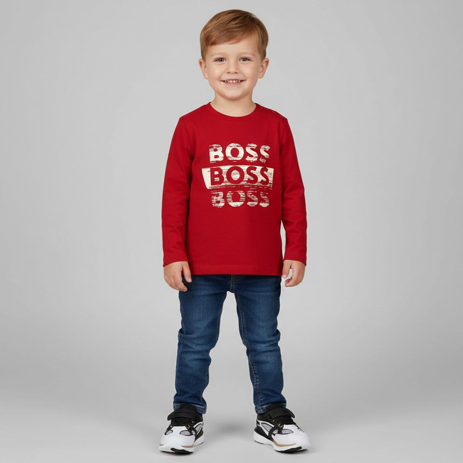 Younger Boys Red Logo Long Sleeve Top, 3, hi-res