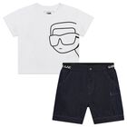 Younger Boys White & Navy Blue Shorts Set, 1, hi-res
