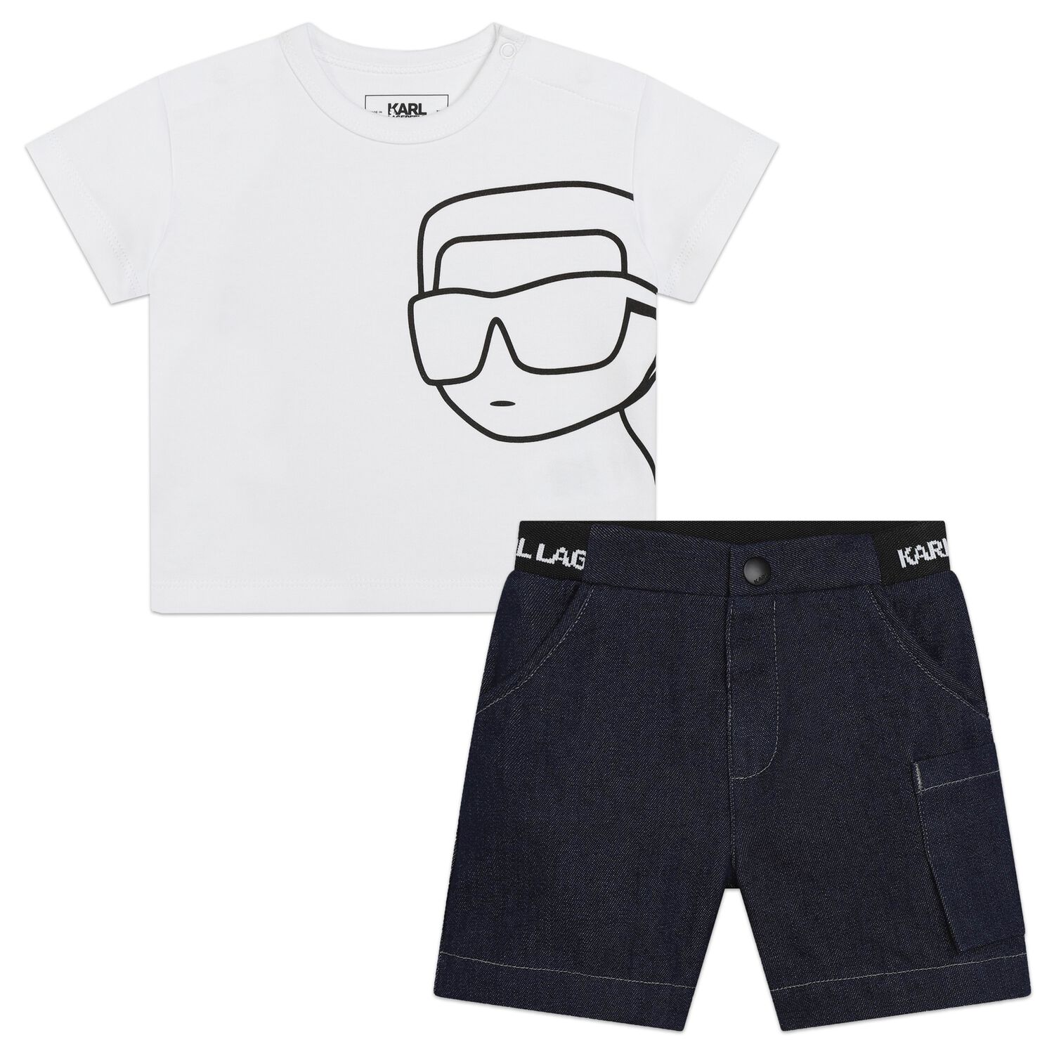 Younger Boys White & Navy Blue Shorts Set, 1, hi-res