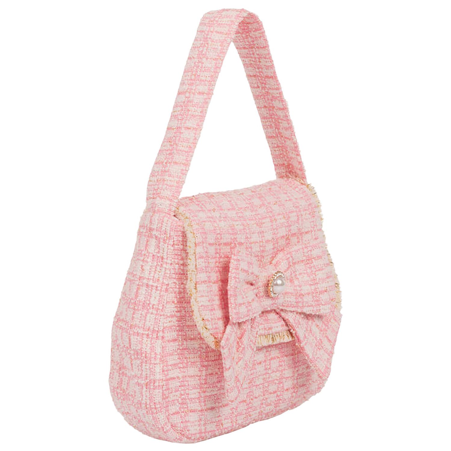 Girls Pink Bow Tweed Handbag, 1, hi-res