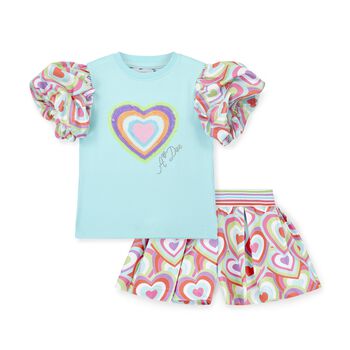 Girls Blue Cotton Heart Sequin Shorts Set