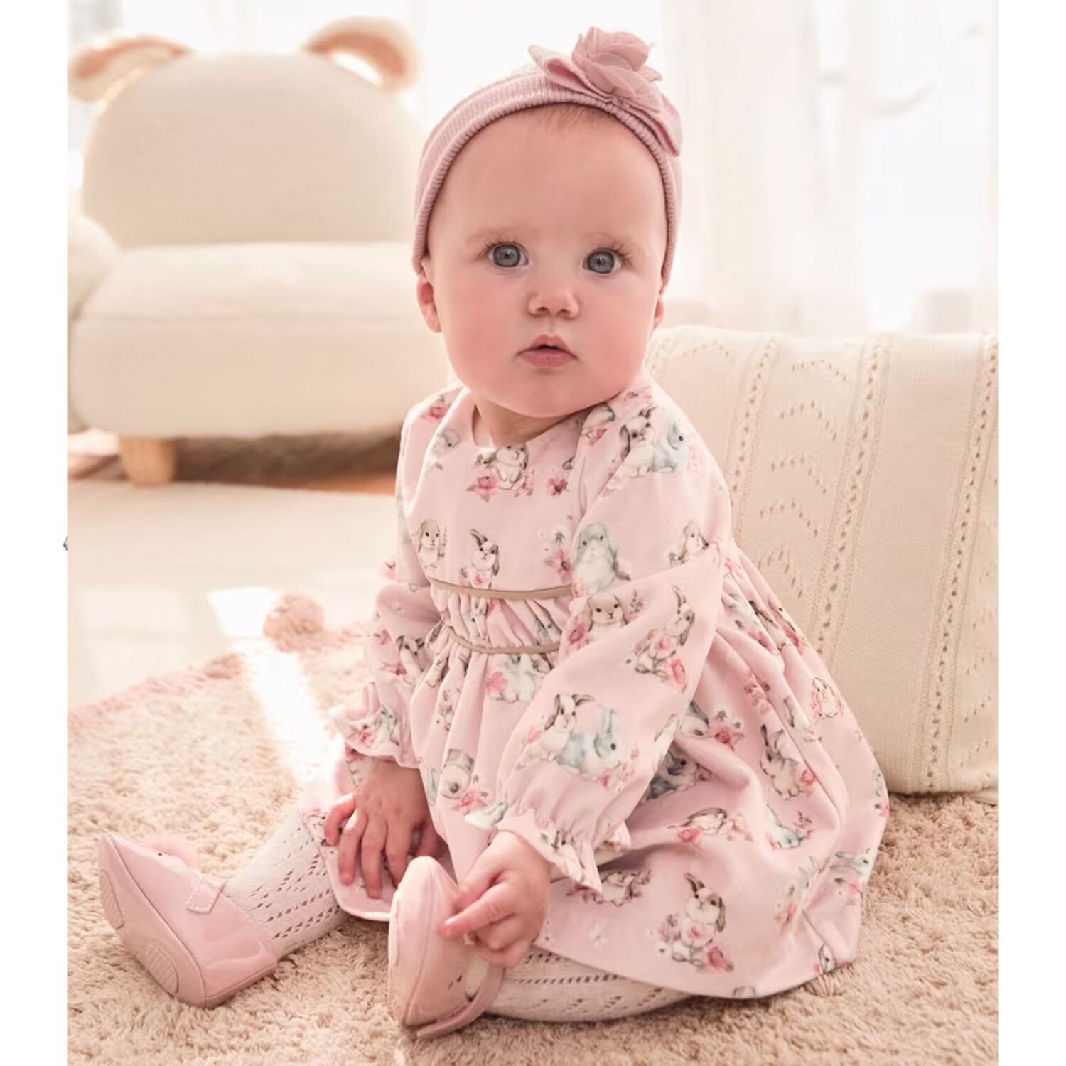 Baby Girls Pink Velvet Bunny Dress, 1, hi-res