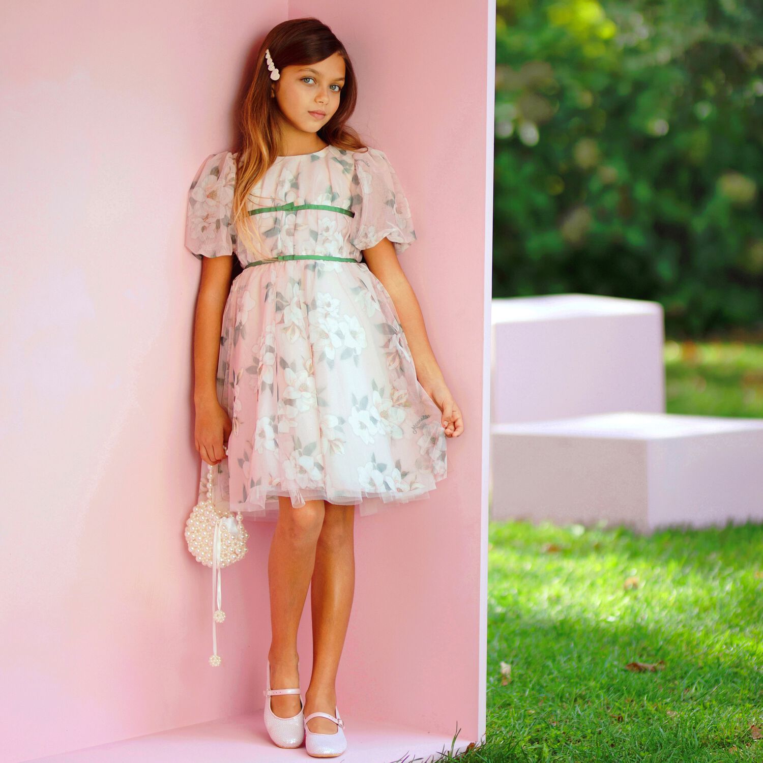 Girls Pink Floral Tulle Dress, 1, hi-res