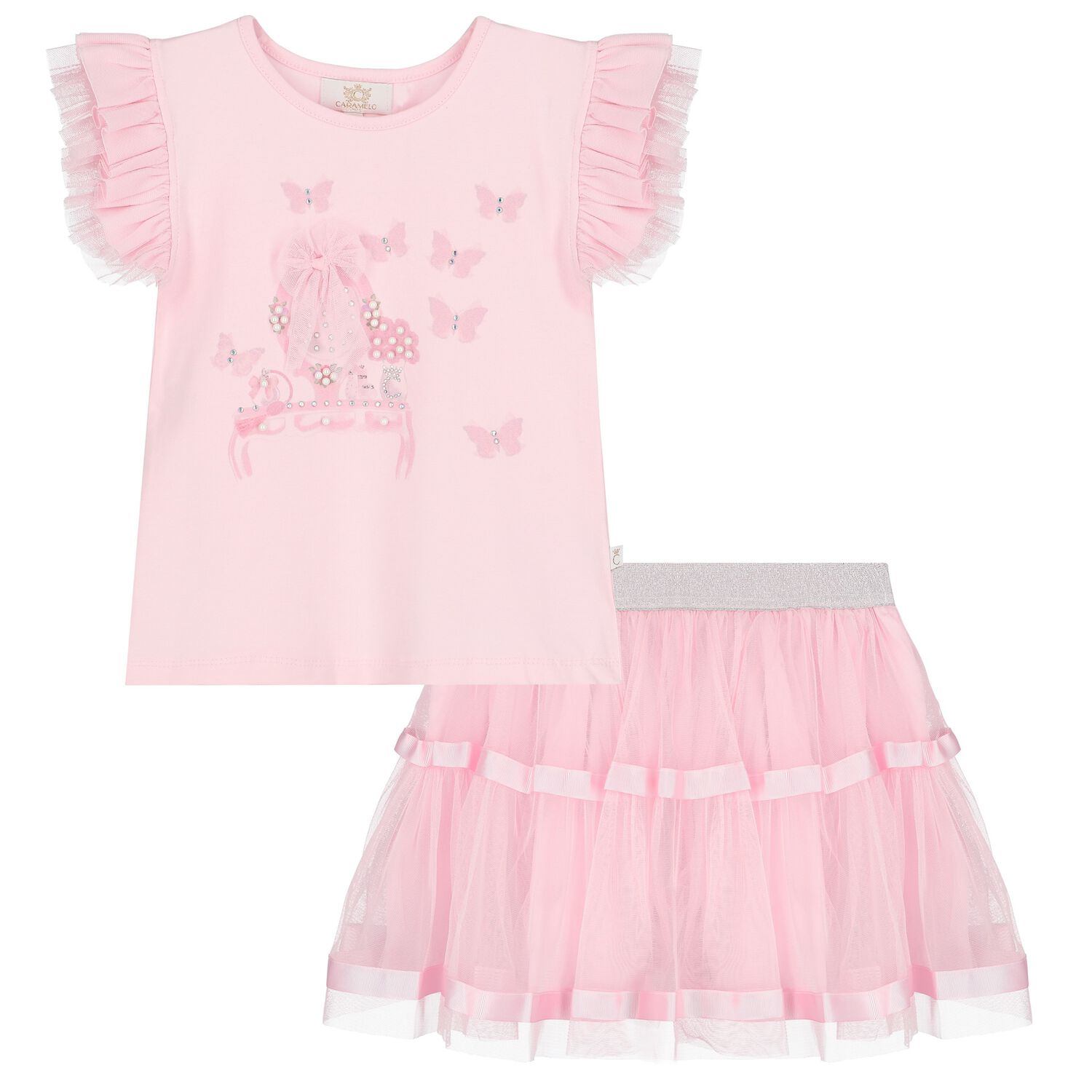 Girls Pink Embellished Tulle Skirt Set, 1, hi-res