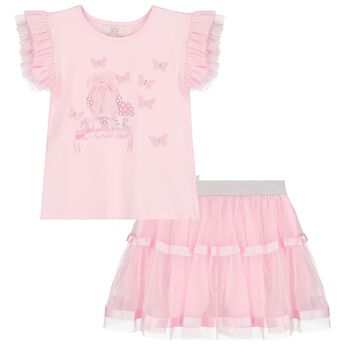 Girls Pink Embellished Tulle Skirt Set