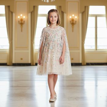 Girls Ivory Floral & Tulle Cape Dress