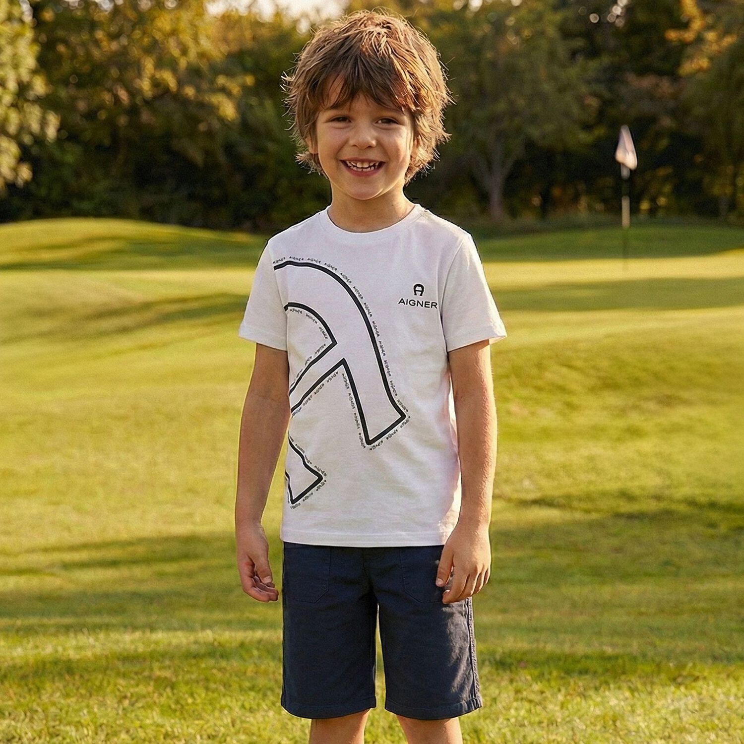 Boys White & Navy Blue Logo Shorts Set, 1, hi-res