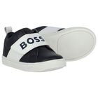 Boys Navy Blue & White Logo Trainers, 2, hi-res