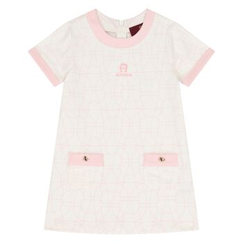 Younger Girls Ivory & Pink Logo Dress