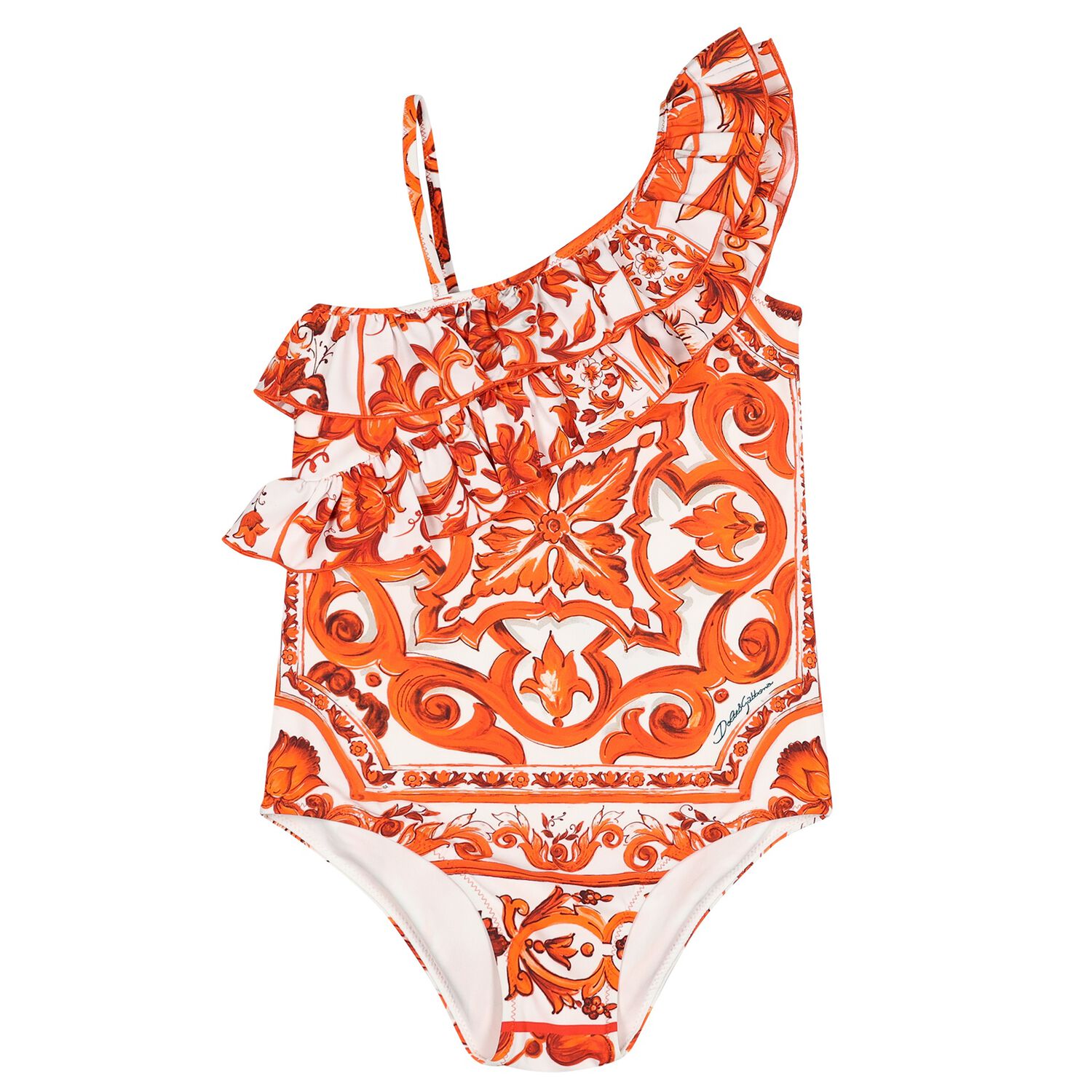 Girls White & Orange Majolica Swimsuit, 1, hi-res