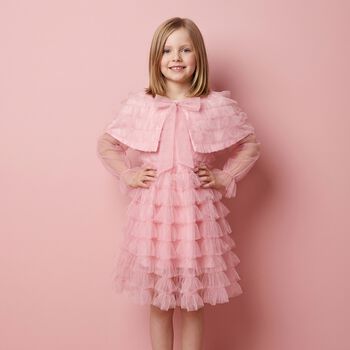 Girls Pink Ruffle Tulle Cape Dress