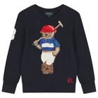 Boys Navy Blue Polo Bear Logo Knitted Sweatshirt, 1, hi-res