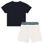 Younger Boys Navy Blue & Ivory Logo Shorts set, 1, hi-res