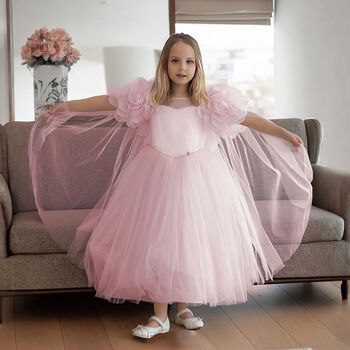 Girls Cendice Pink Organza Floral & Tulle Cape Dress