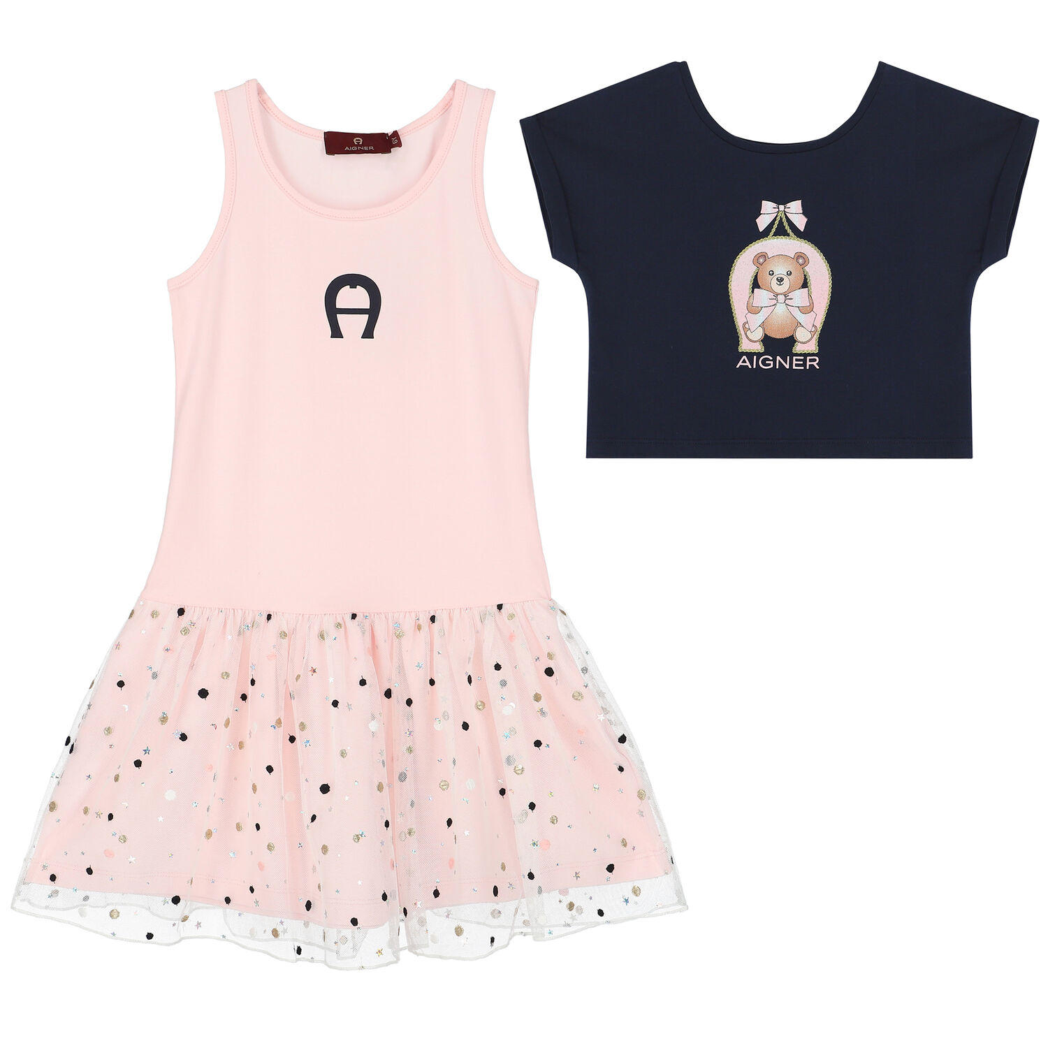 Girls Navy & Pink Logo Tulle Dress Set, 1, hi-res