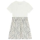 Girls White & Grey Logo Barocco Dress, 1, hi-res
