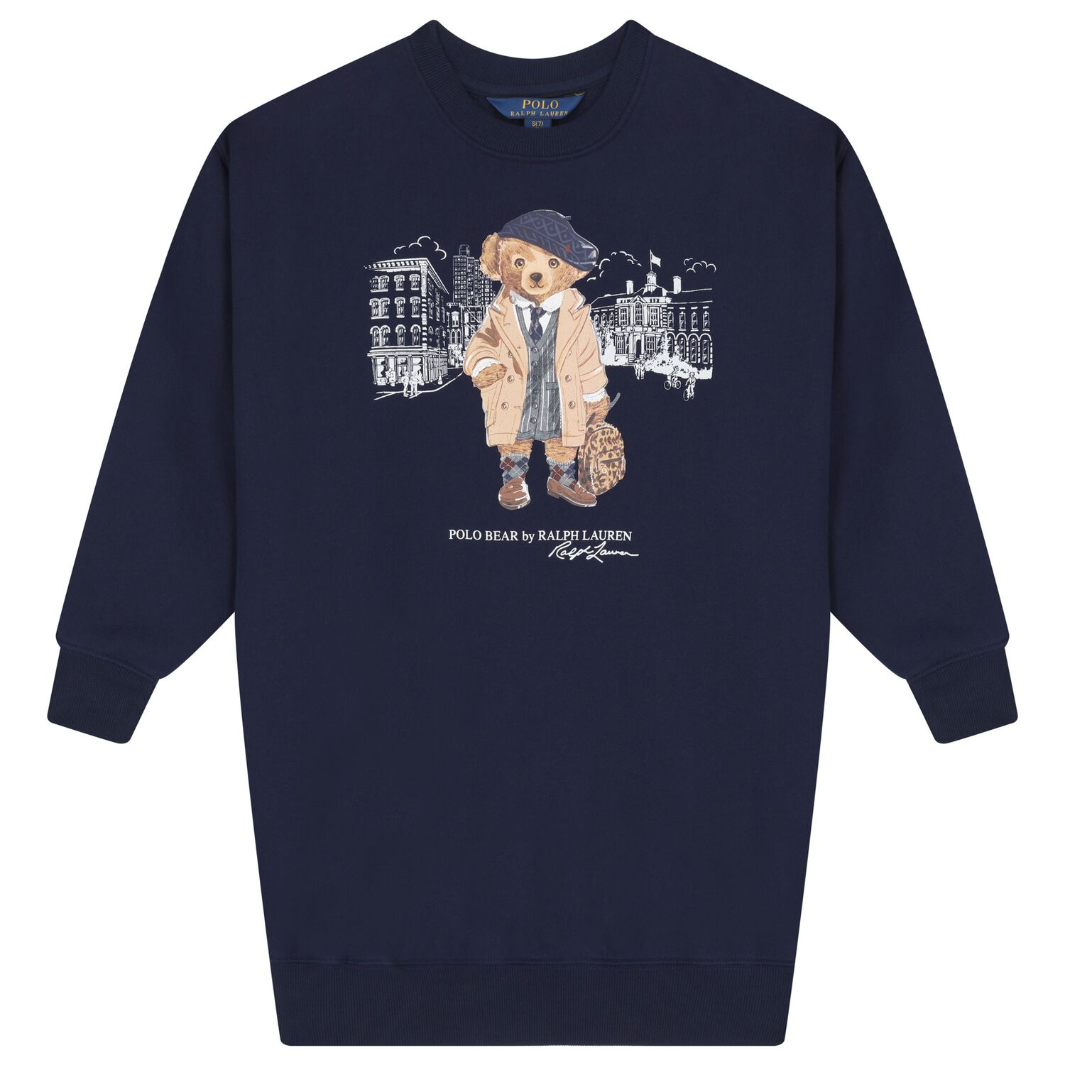 Girls Navy Blue Polo Bear Sweatshirt Dress, 1, hi-res