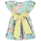 Girls Blue Floral Satin Dress, 1, hi-res