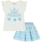 Girls White & Blue Embellished Crown Skirt Set, 2, hi-res