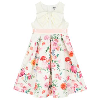 Girls White Floral Satin Dress