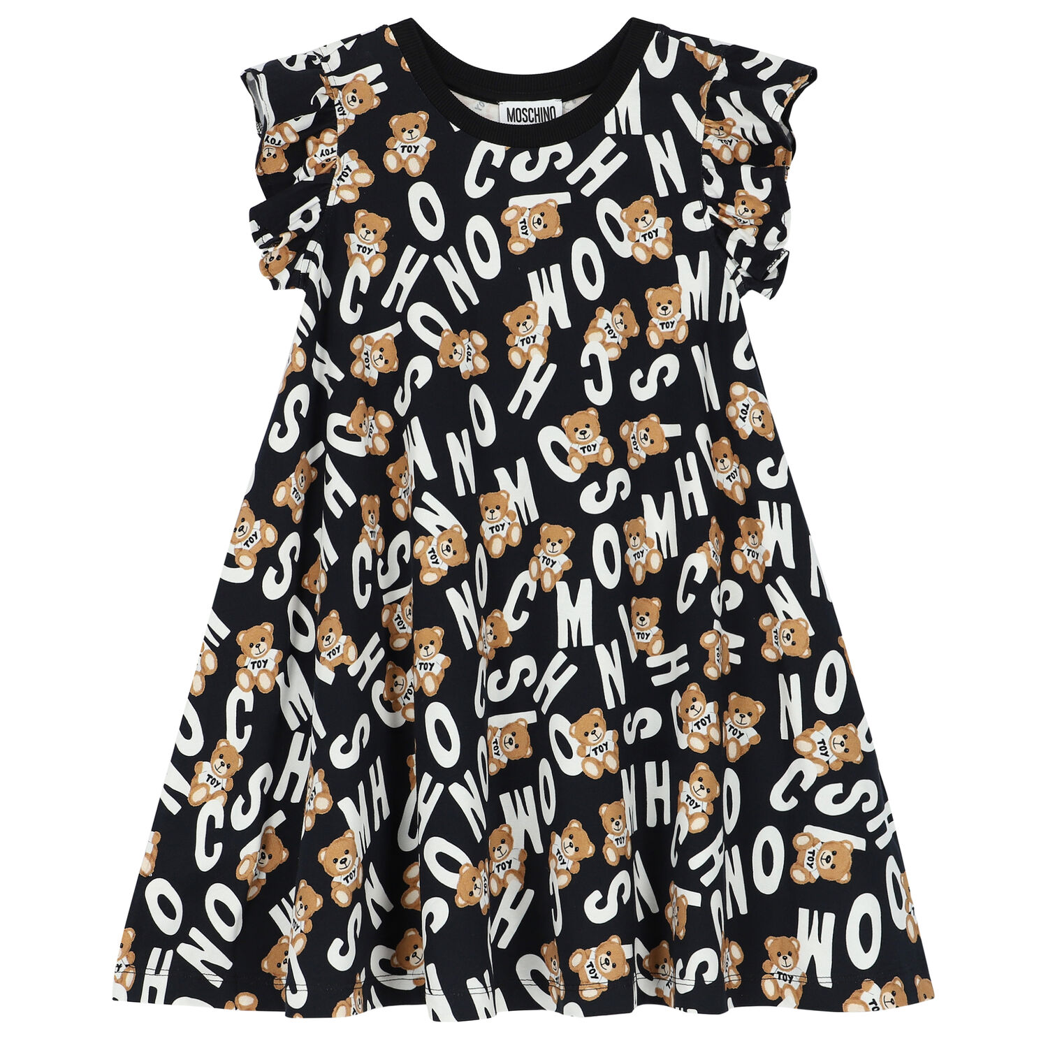 Girls Black Teddy Bear Logo Dress, 1, hi-res