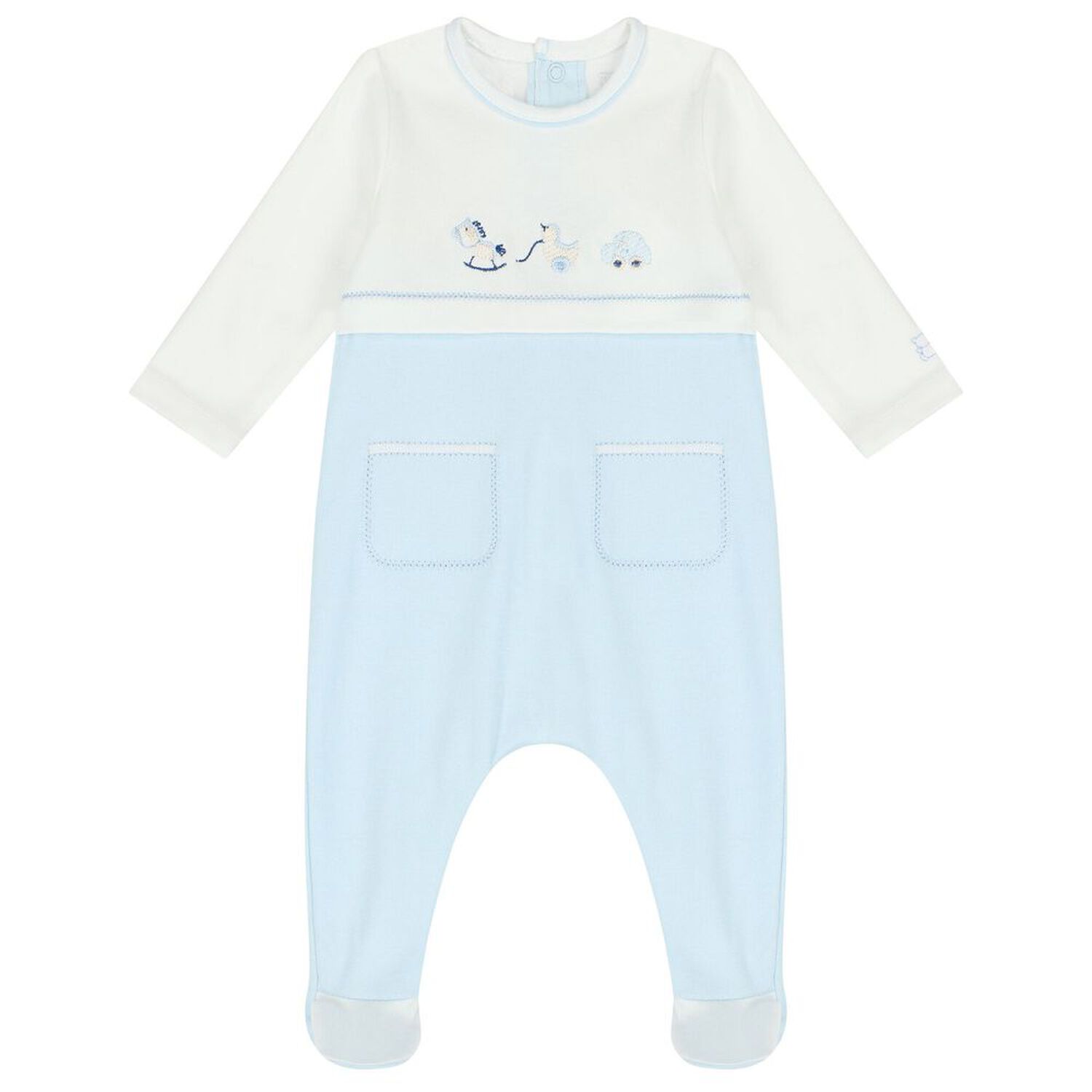 Baby Boys White & Blue Embroidered Babygrow Set, 1, hi-res