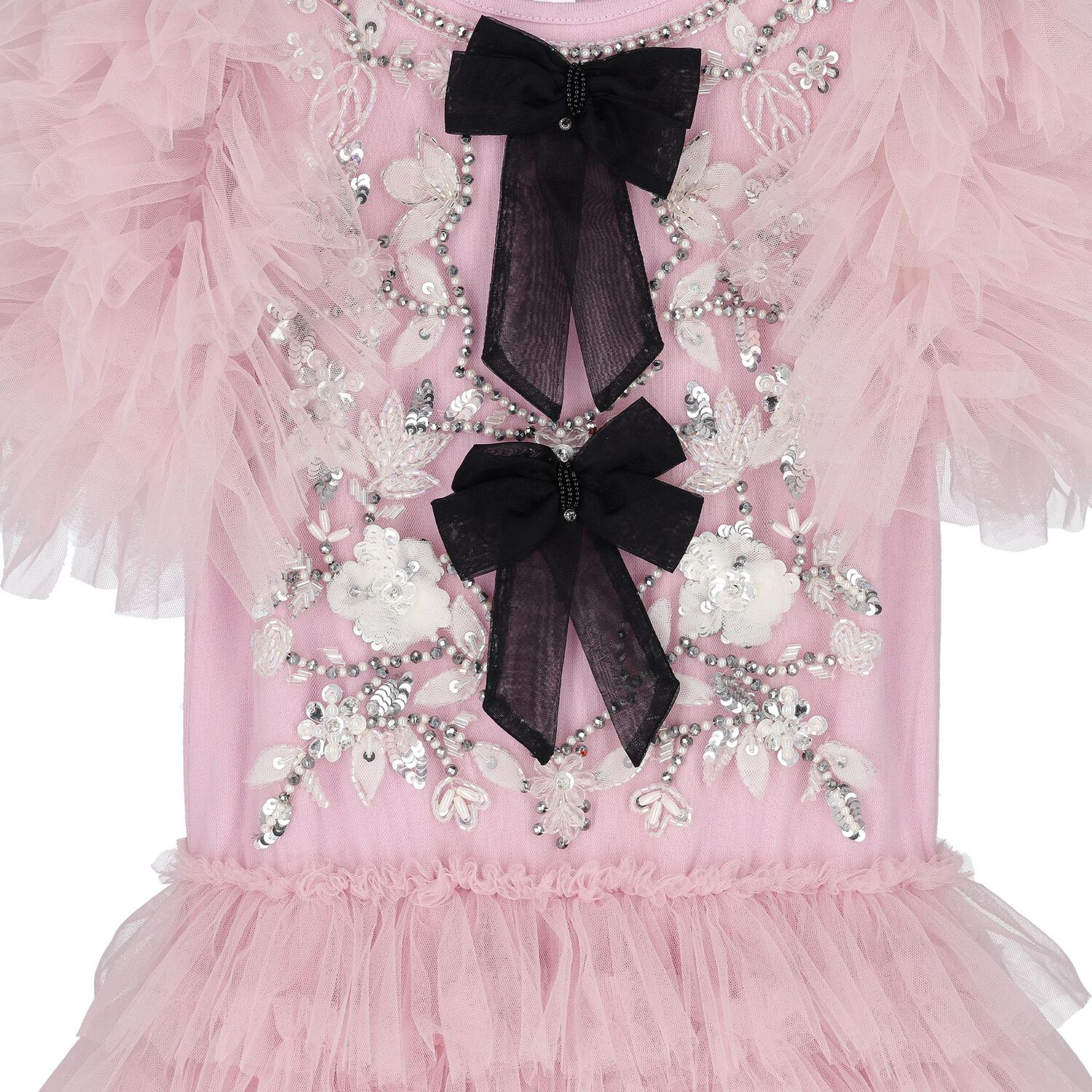 Girls Pink & Black Bow Tulle Dress, 1, hi-res