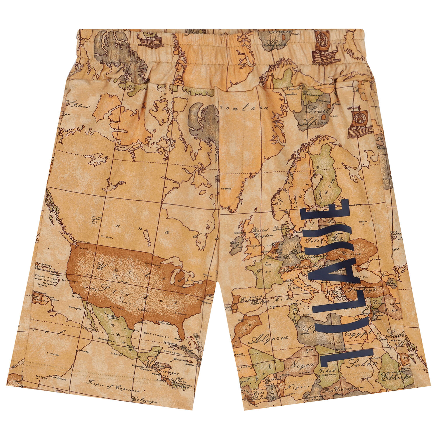 Boys Beige Geo Map Logo Shorts, 1, hi-res