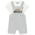 White & Grey Teddy Bear Logo Dungaree Set, 2, hi-res