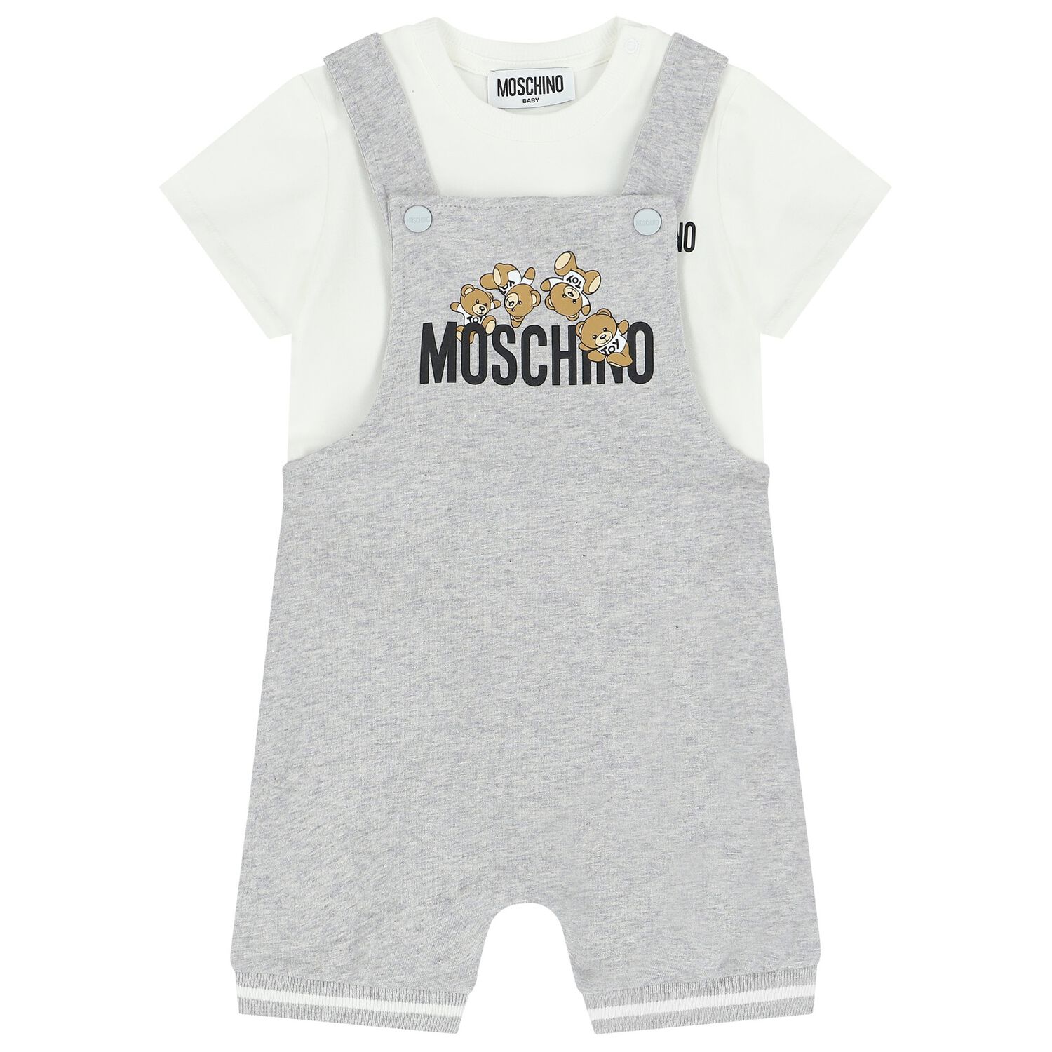 White & Grey Teddy Bear Logo Dungaree Set, 2, hi-res