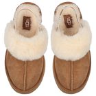 Girls Chestnut Brown Funkette Suede Slippers, 2, hi-res