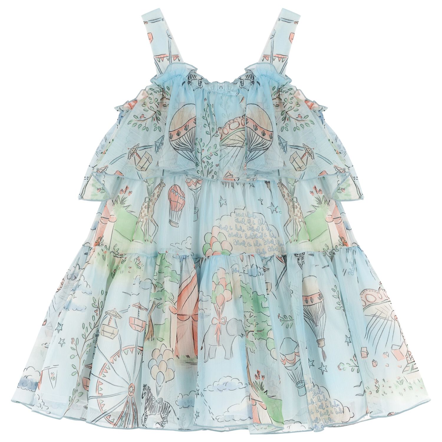 Girls Blue Chiffon Tiered Dress, 1, hi-res