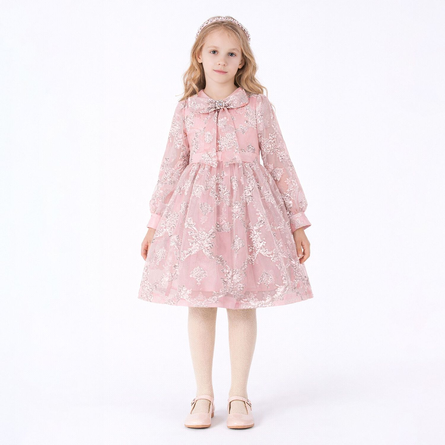 Girls Pink & Silver Jacquard Floral Dress, 1, hi-res