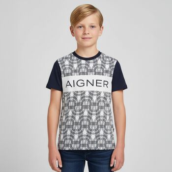 Boys White & Navy Blue Logo T-Shirt