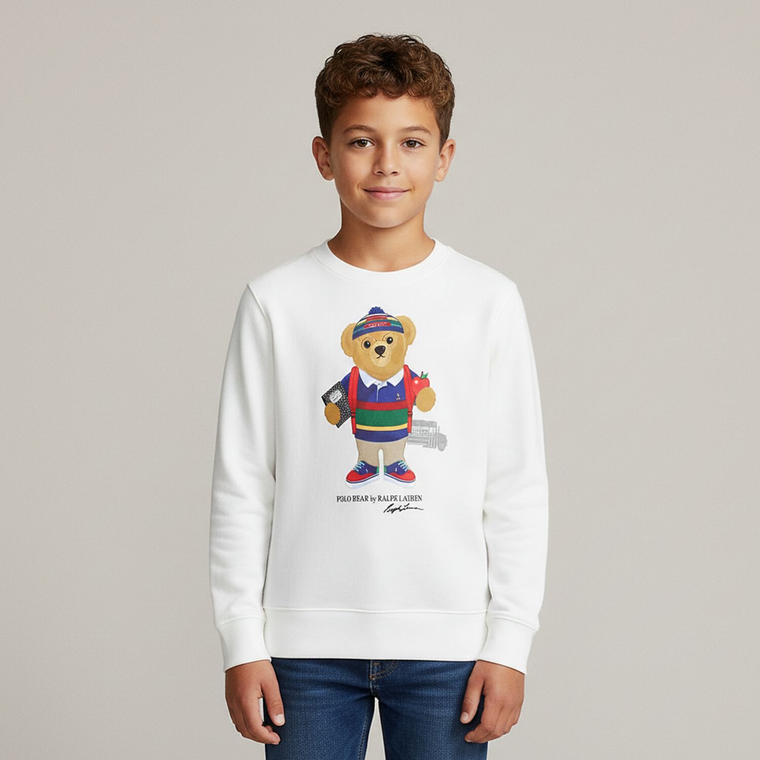 Boys White Polo Bear Sweatshirt, 1, hi-res