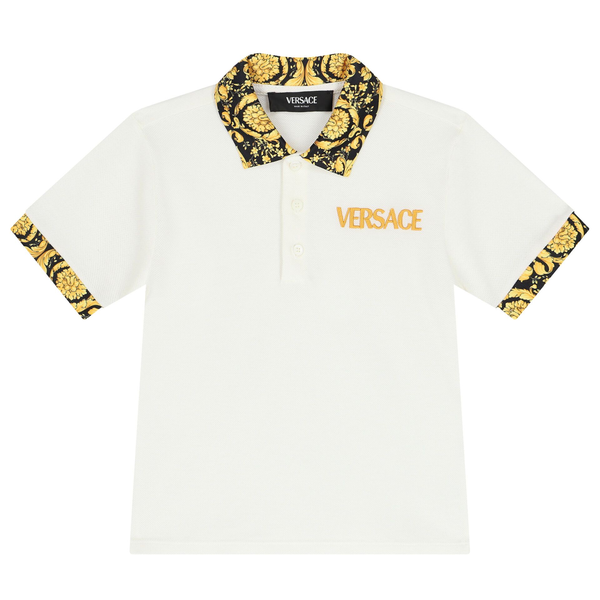 Versace Boys White Gold Barocco Polo Shirt Junior Couture UK