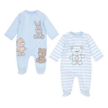 Baby Boys Blue Teddy Bear Babygrows ( 2-Pack )