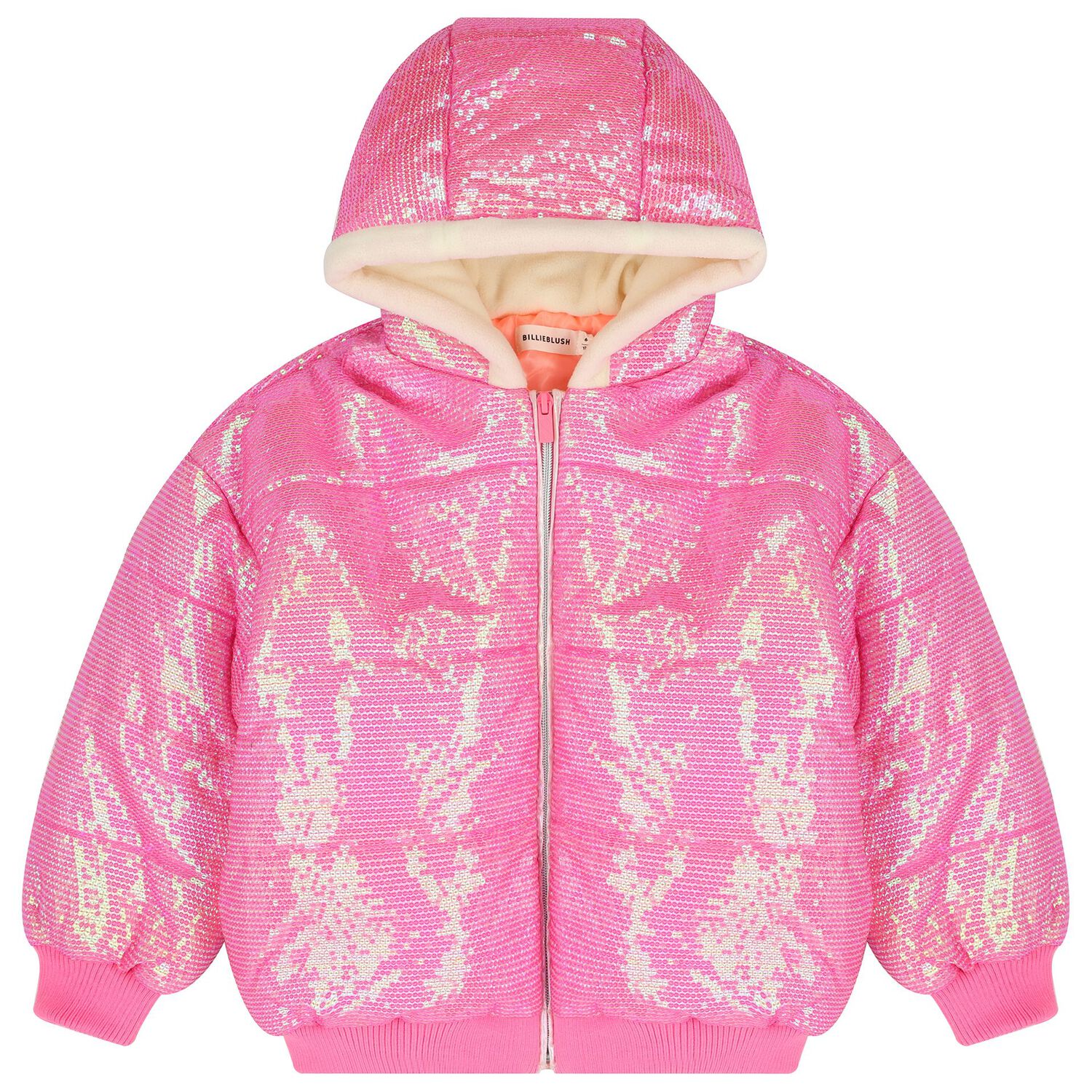 Girls Pink Hooded Sequin Puffer Jacket, 1, hi-res