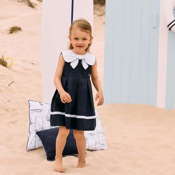 Girls Navy Blue & White Bow Dress