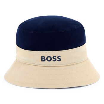 Baby Boys Beige, Navy Blue & White Logo Reversible Hat