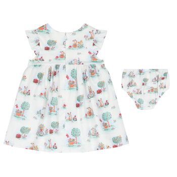 Baby Girls White & Green Rabbit Dress Set