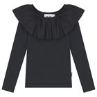 Girls Black Ruffle Long Sleeve Top, 2, hi-res