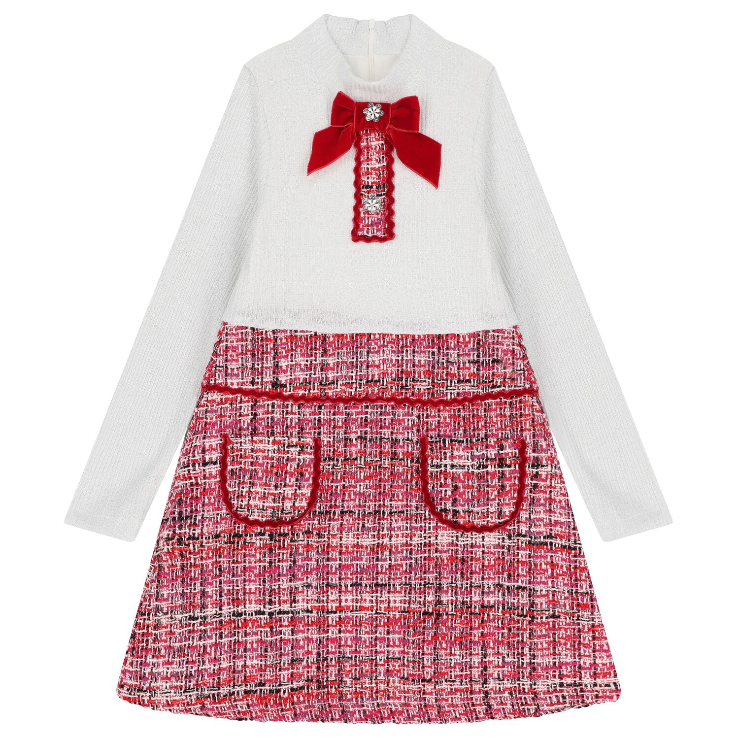 Girls Ivory & Red Tweed Dress, 1, hi-res