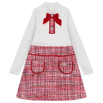 Girls Ivory & Red Tweed Dress
