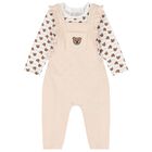 Baby Girls White & Beige Logo Dungaree Set, 1, hi-res