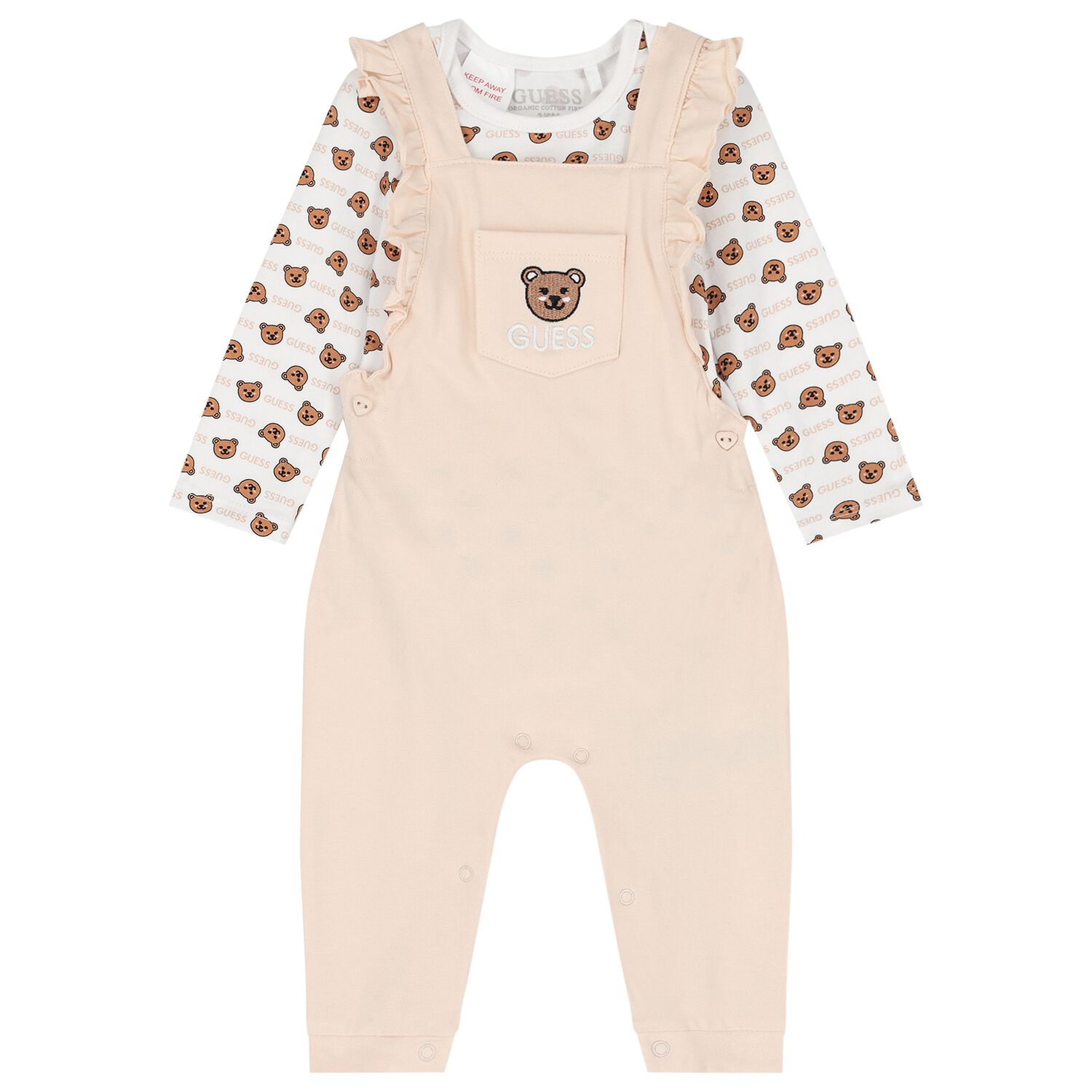 Baby Girls White & Beige Logo Dungaree Set, 1, hi-res