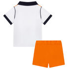 Baby Boys White & Orange Logo Shorts Set, 1, hi-res