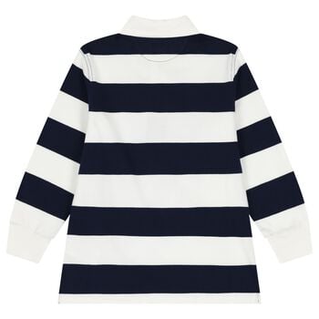 Boys White & Navy Blue Striped Polo Shirt