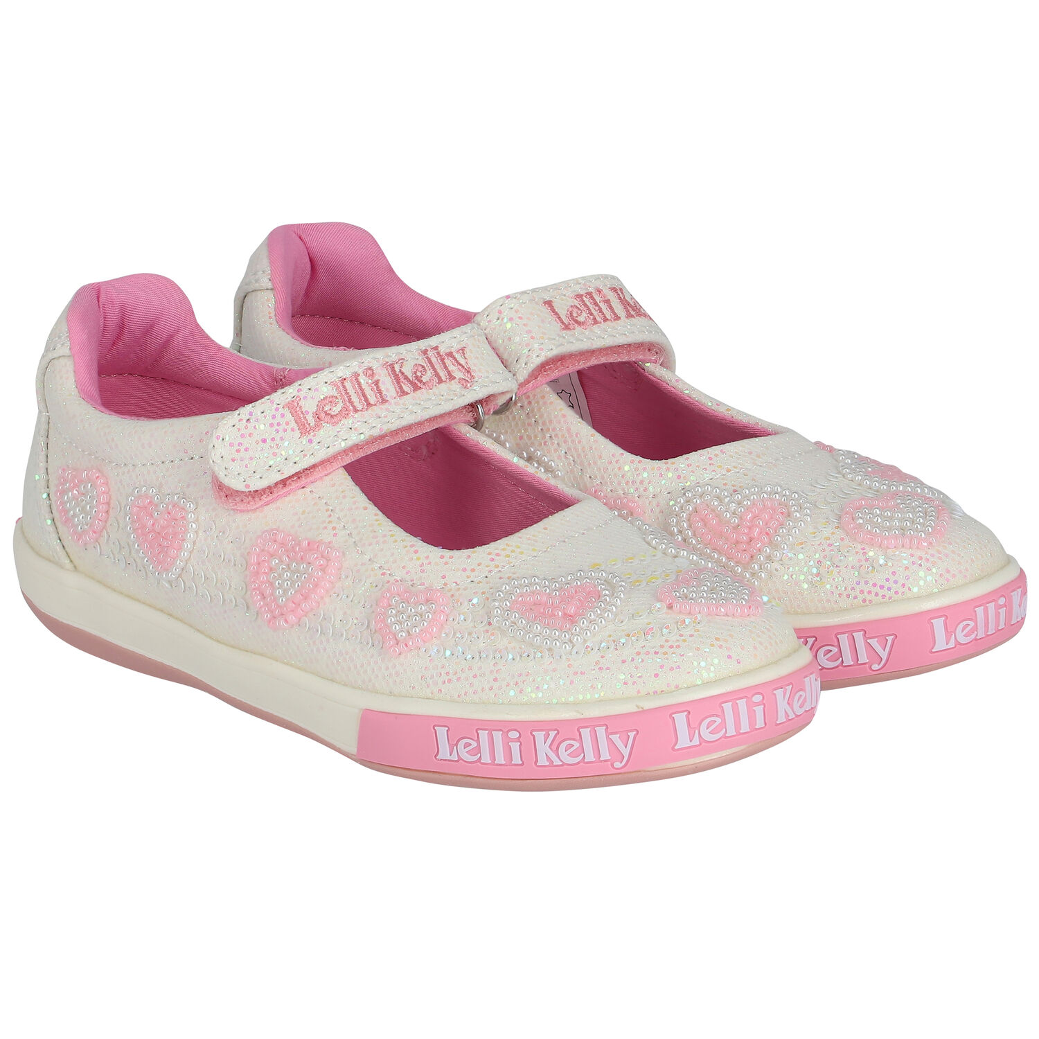 Girls Ivory Iridescent Logo Sequin Shoes, 1, hi-res